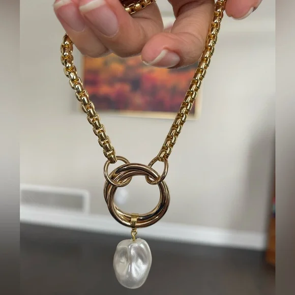 Statement Gold Necklace with Pearl Pendant 16 inches - Picture 6 of 12